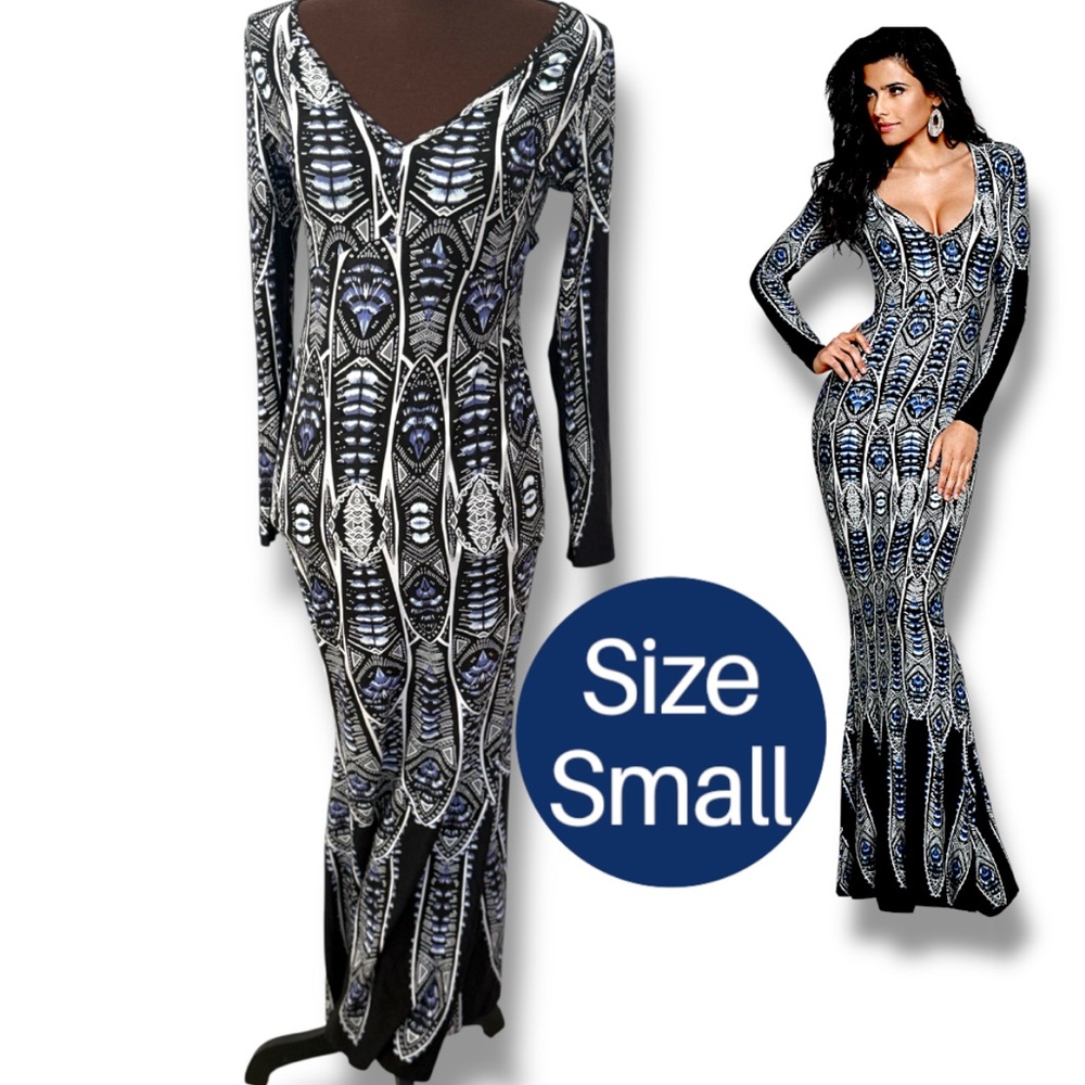 Women Sexy Long Dress, Elegant Black and Blue Patterned Maxi Dress, Party Outfit